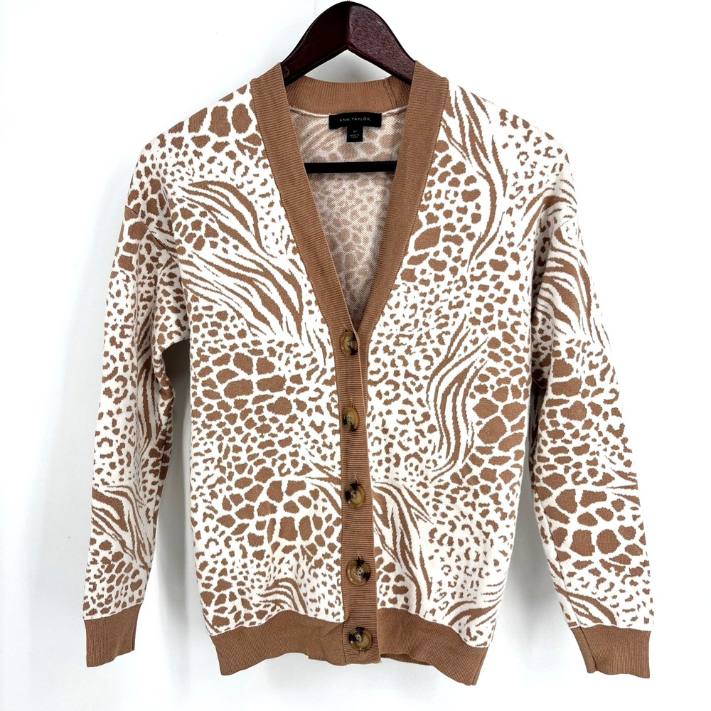 ANN TAYLOR Women's Cotton Cardigan Sweater Long‎ Sleeve Animal Brown White XS